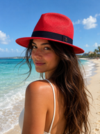 Classic Panama Hat - Red with Black Band